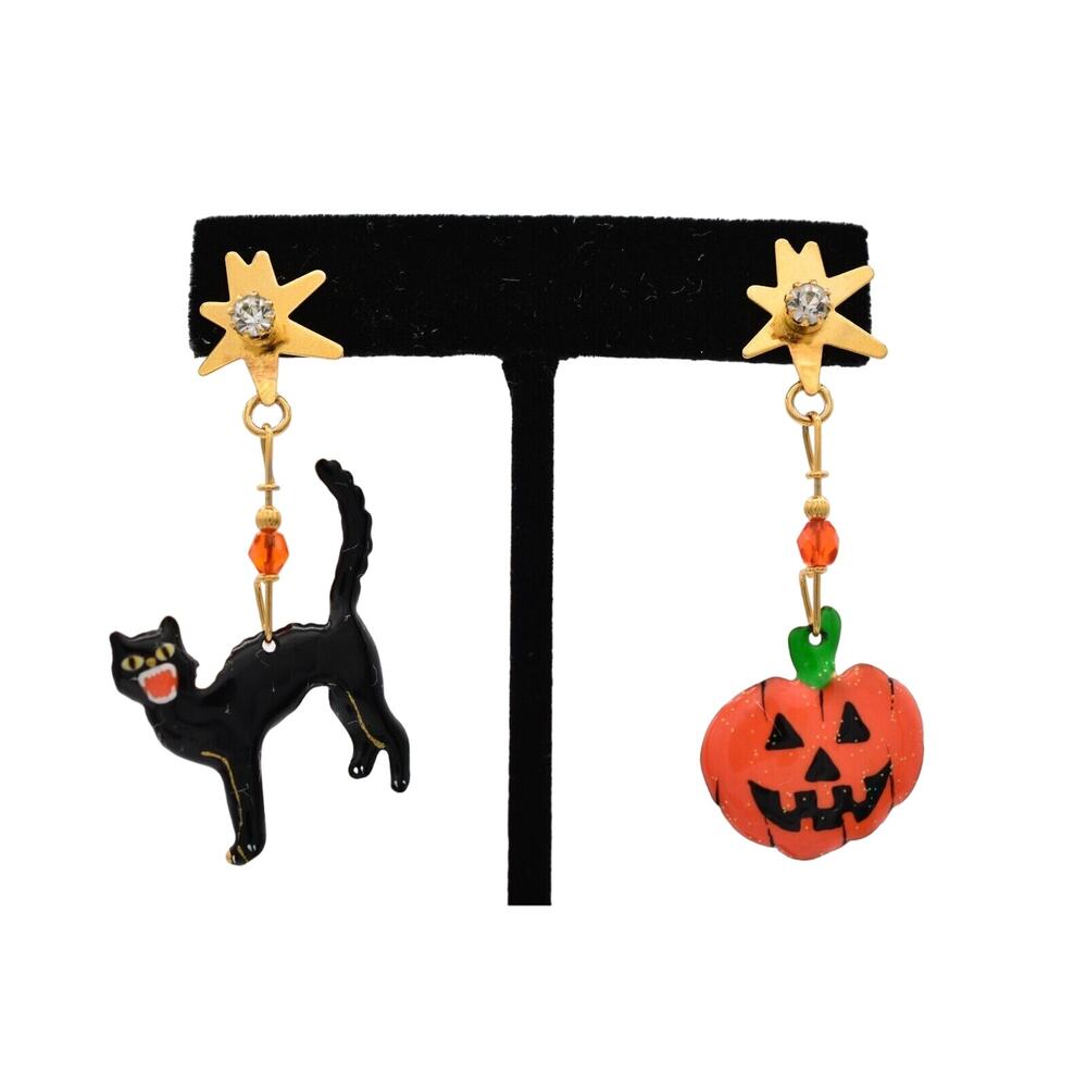 Lunch at The Ritz Vintage Halloween Earrings Black Cat Pumpkin Star Signed Bin1